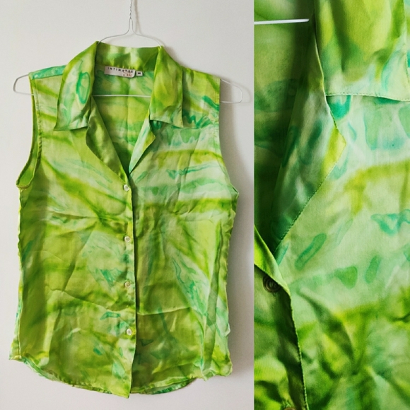Tops - 🦋 VINTAGE Neon Tie Dye Lime Green Satin Blouse